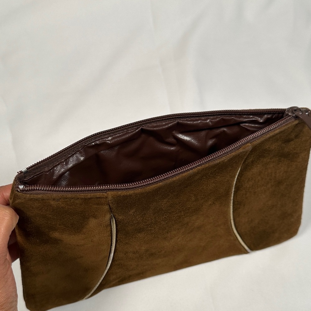 Brown Suede & Leather Zippered Clutch Bag with Gold Front Line Italy Vintage - Picture 4 of 8